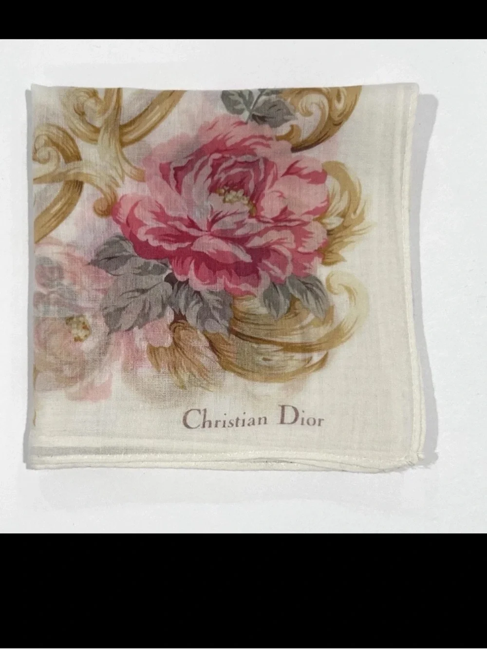 Dior Pink Floral Silk Neck Scarf on Cream Ground